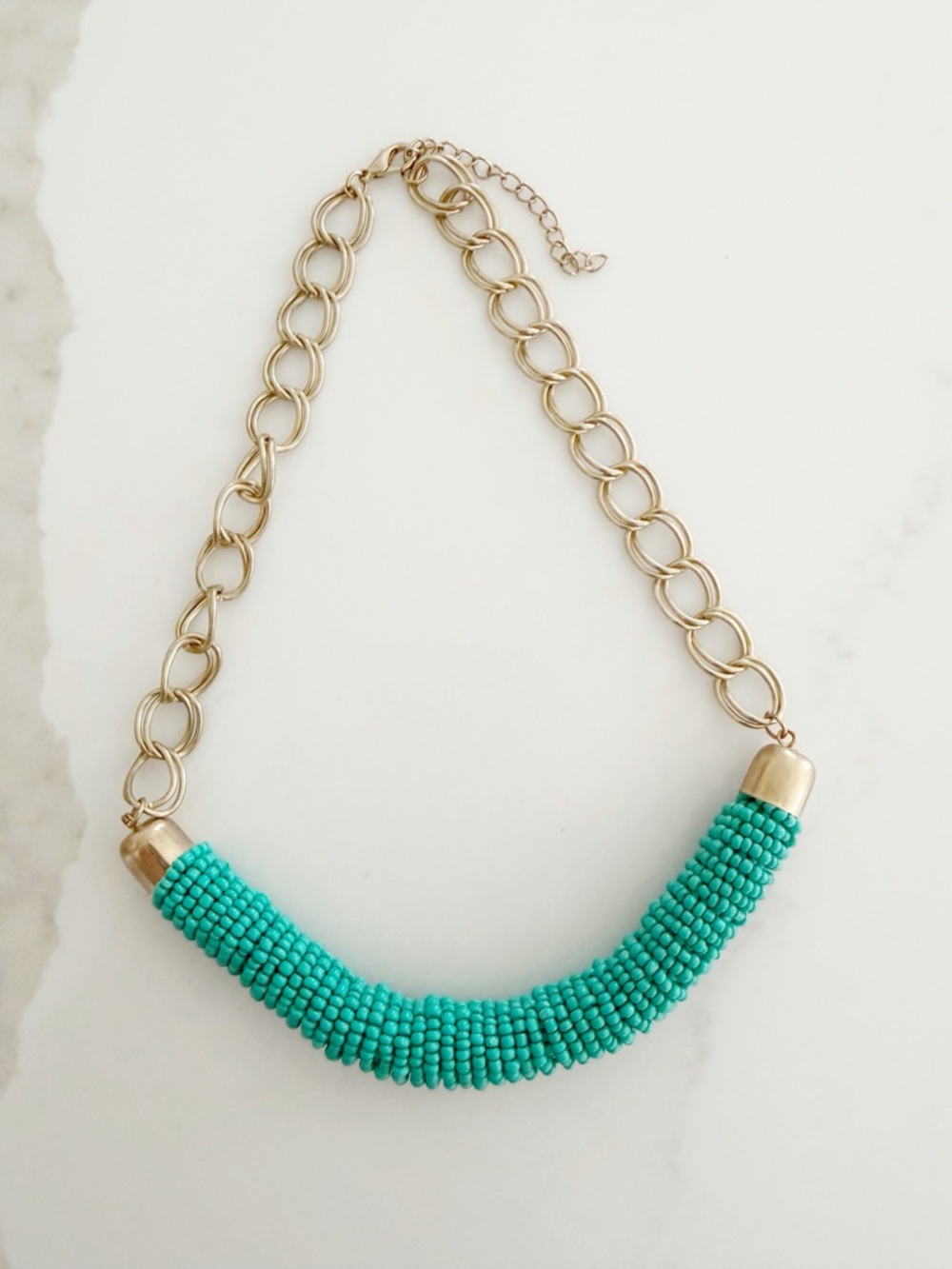 Turquoise Beaded Statement Necklace Gold Chain Boho Bib Necklace Resort Jewelry